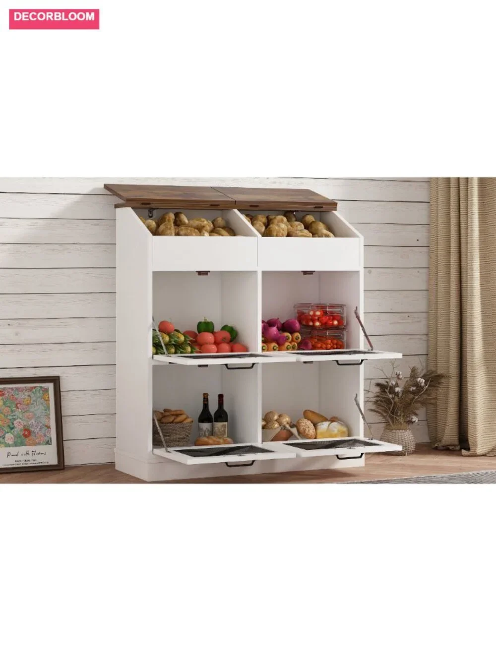 Wood Vegetable Storage Bin with Lid 6 Compartment Mesh Doors Bread Box